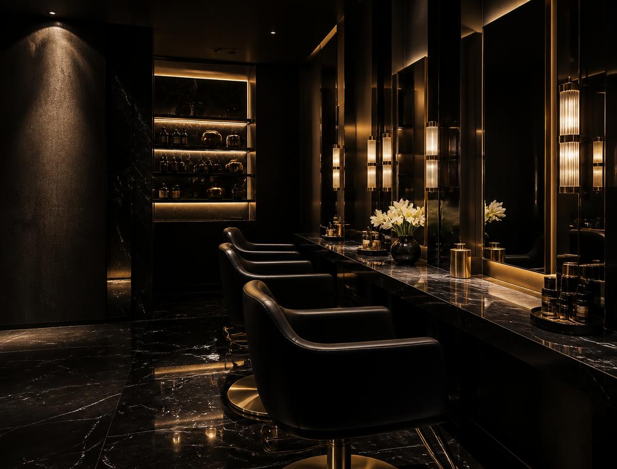 Dark luxury beauty salon interior with black marble and gold detailing
